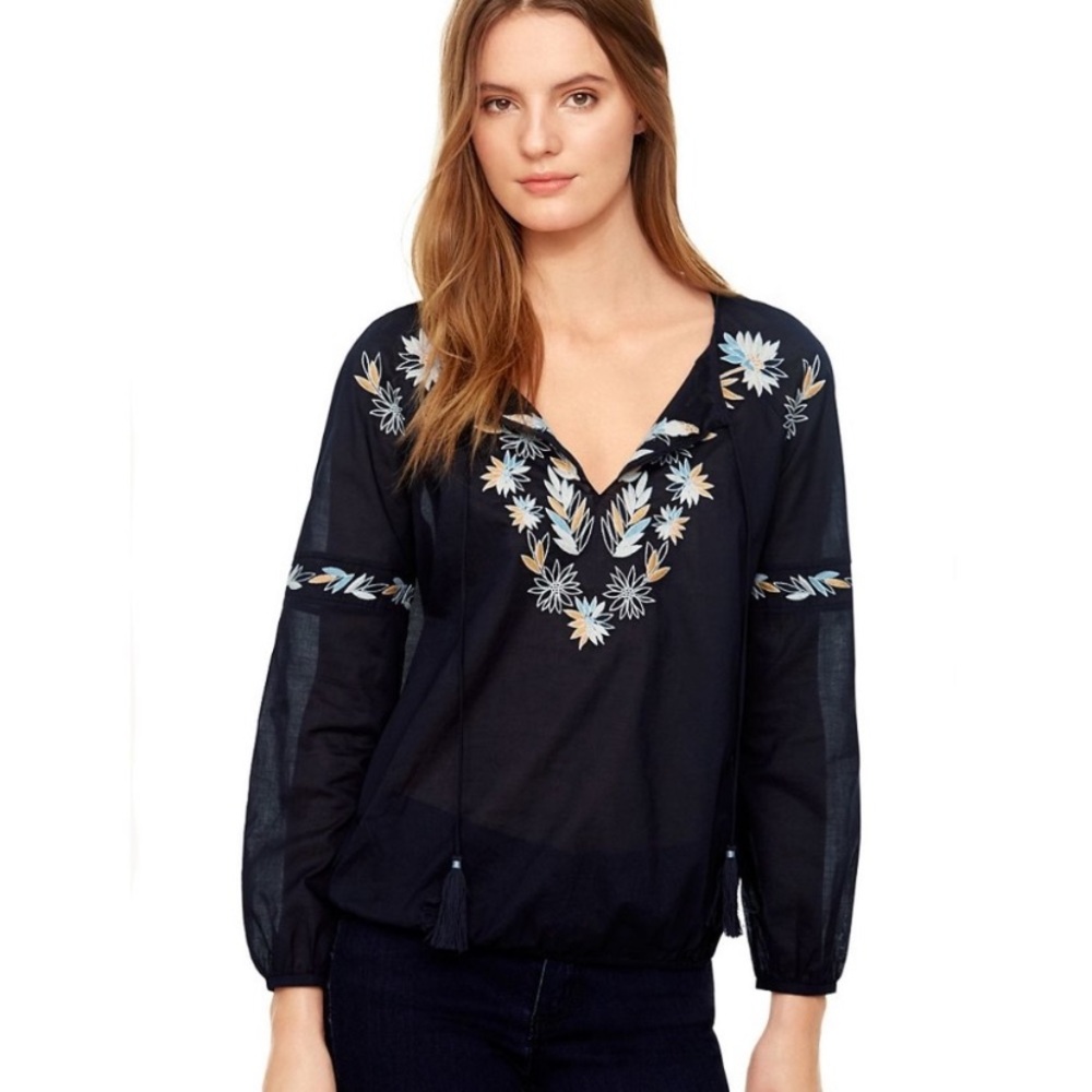 Tory Burch Embroidered Cotton Voile Long Sleeve Floral  Blouse Size 10